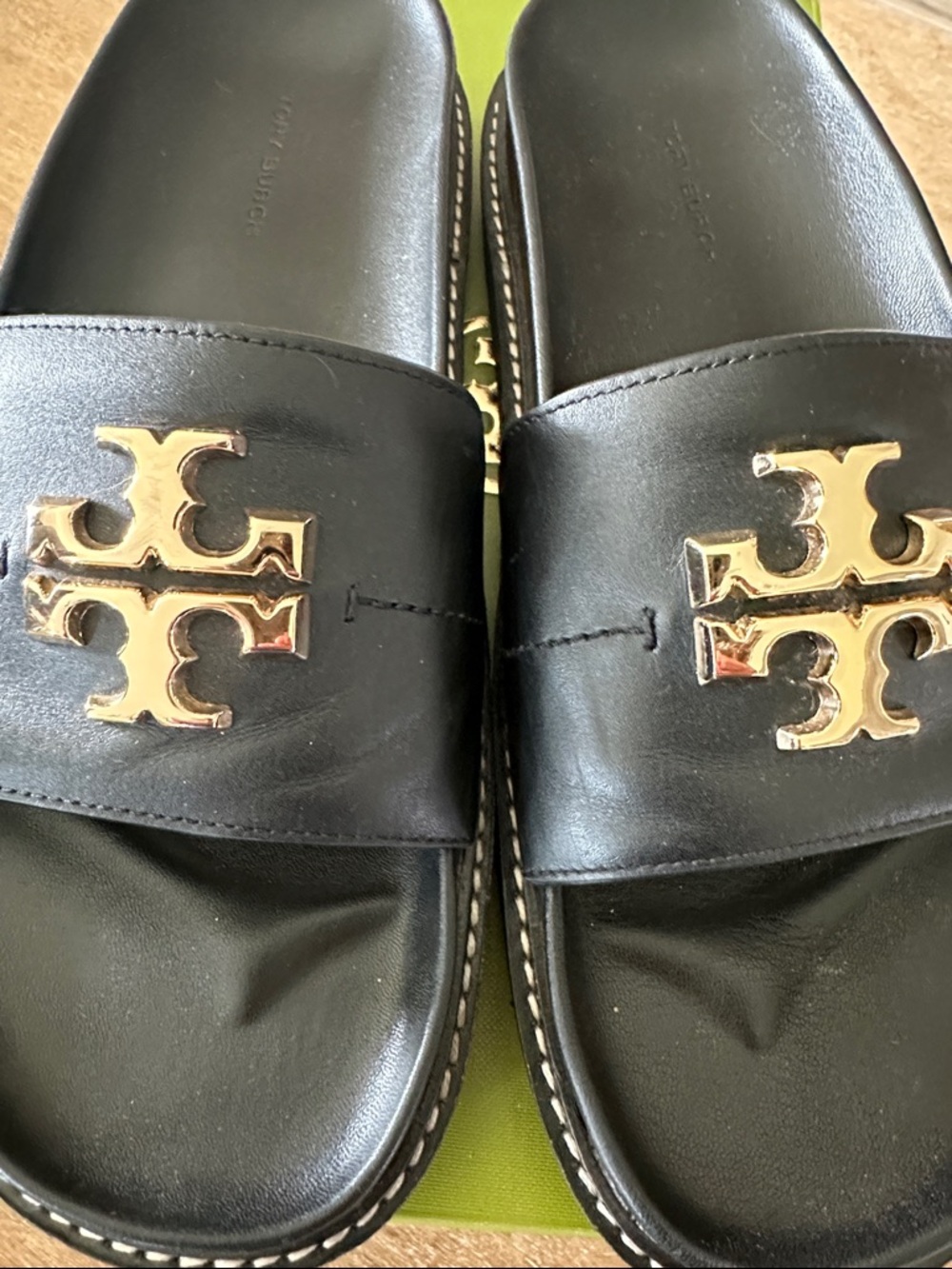 Tory Burch Black Leather Slide Sandals with Gold Logo Accent - Picture 4 of 10